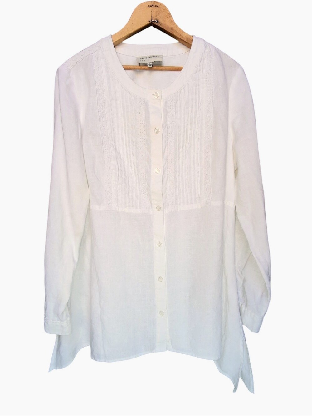 White Linen Jones New York Mandarin Collar Tunic Women’s LARGE Roll Tab Sleeves